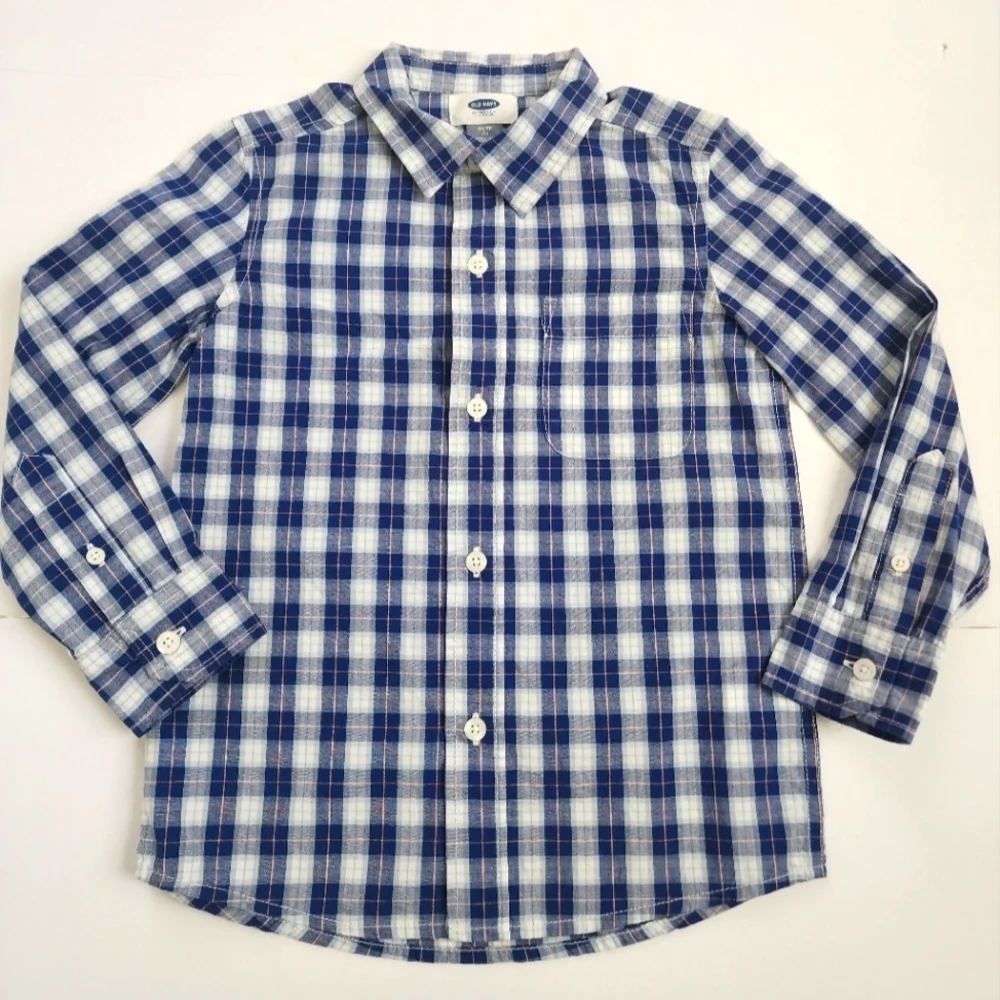 Old Navy Boys Navy Gingham Long Sleeves Shirt, sz XS (5)